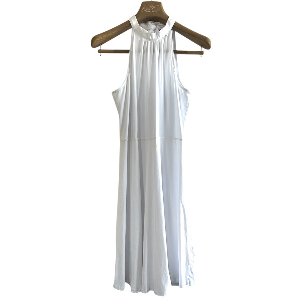 XL•OUGES•ELEGANT MINI WHITE FLOWY SLEEVELESS HALTER DRESS W TIE UP BACK 🤍